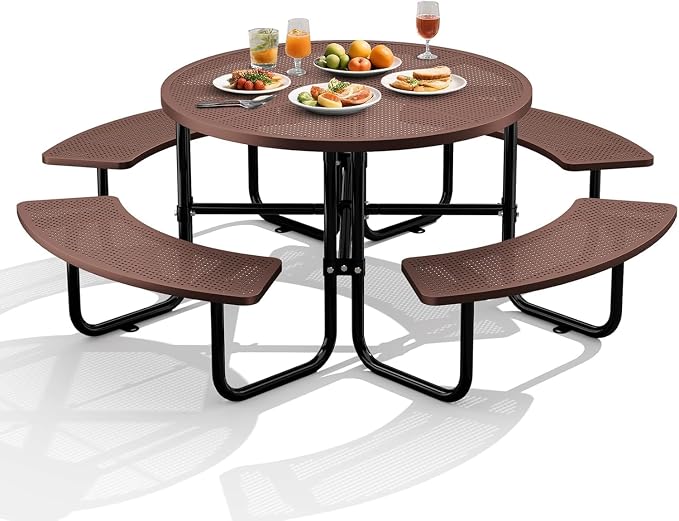 46" Coated Round Metal Picnic Table for 4-8 Person, Durable Heavy Duty Commercial Picnic Table with Umbrella Hole for Outdoor Coffee Shop, School, Easy to Install, Brown