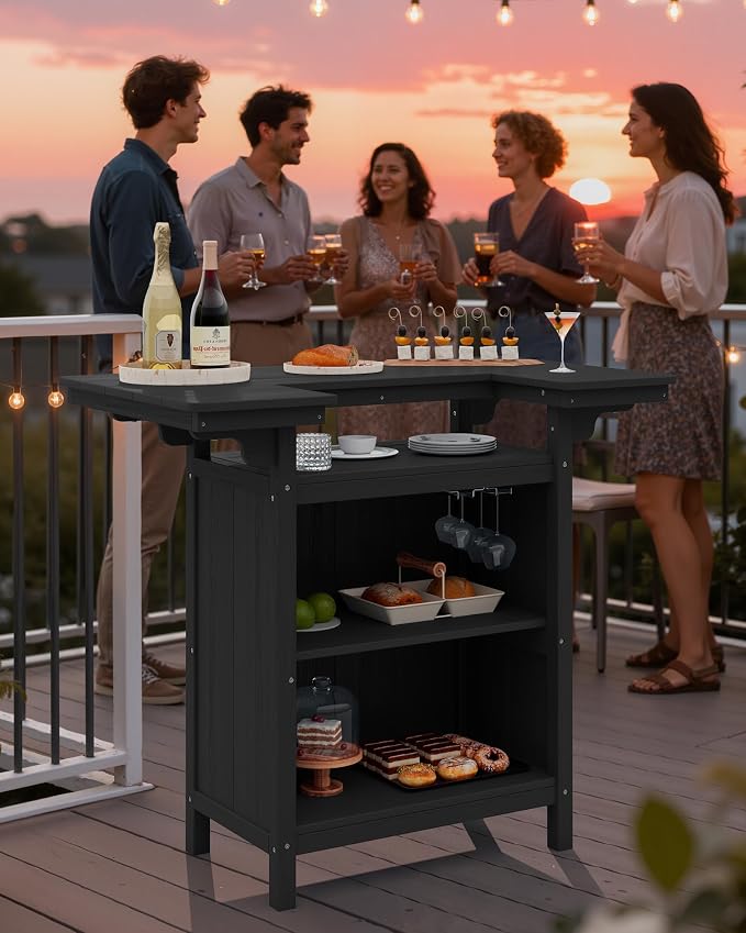 SERWALL Outdoor Bar Table,Patio Bar Cabinet with 4-Tier Storage and Spacious Tabletop for Outside,Poolside, Backyard,Made of HDPE,Black