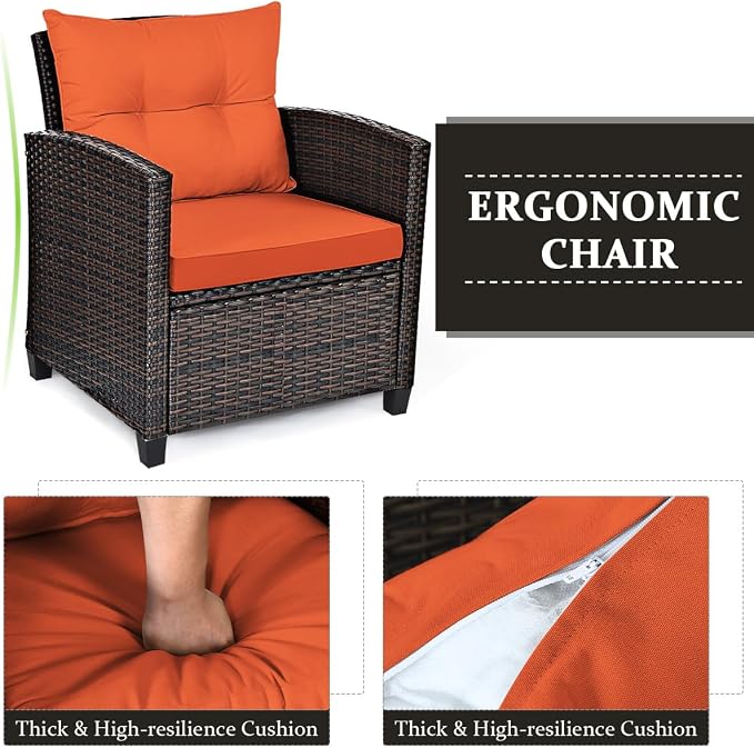 COSTWAY 3PCS Patio Furniture Set, PE Rattan Wicker Sofa w/Washable Cushion and Coffee Table, Tempered Glass Tabletop, Outdoor Conversation Set for Balcony, Porch, Yard, Backyard, Lawn (Orange)