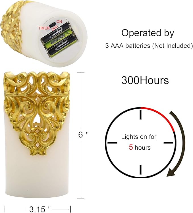 Eldnacele Flameless Christmas Gold Candles with 5H Timer, Flickering Real Wax Battery Operated Pillar Candles for Christmas Holiday Decoration Gold (D3 x H6)