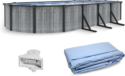 Blue Wave San Pedro 15x30-ft Oval 52-in Deep Hard Sided Steel Wall Above Ground Pool with 6-in Top Seats, 5-in Verticals, Skimmer & Vinyl Liner - 9,900 Gallon Cap for Family Swimming & Recreation