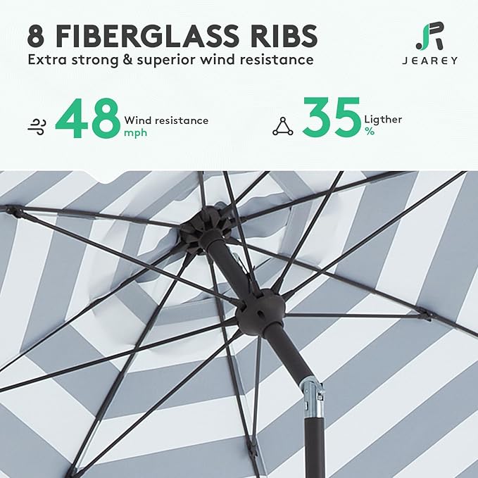 JEAREY 9FT Outdoor Patio Umbrella, Market Table Umbrella with 8 Fiberglass Ribs, Pool Umbrella with Tilt and Crank, UV Protection Lightweight & Wind-Resistant for Lawn, Garden, Deck and Backyard, Black-White Stripe