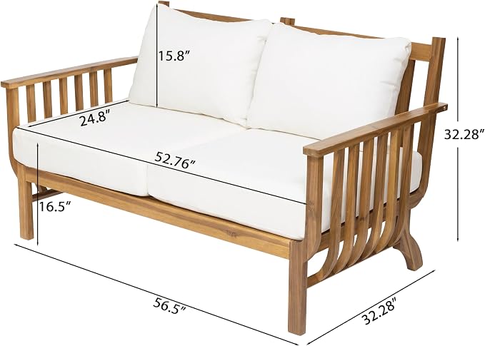 Merax 4-Piece Mid-Century Modern Acacia Wood Patio Seating Set | Outdoor Conversation Set with Loveseat, Club Chairs & Slatted Coffee Table, Weather-Resistant Cushions for Deck Poolside