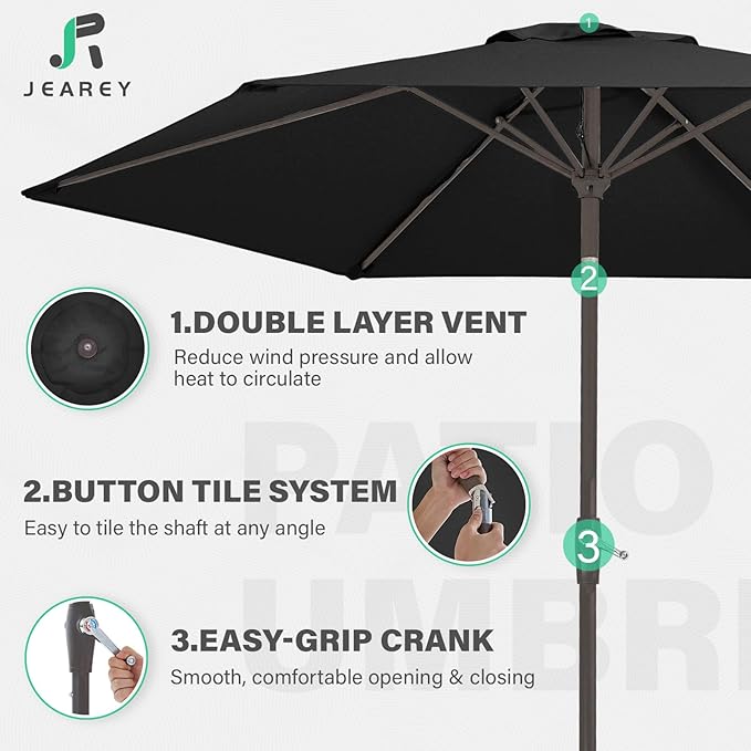 JEAREY 7.5FT Patio Umbrella Market Table Umbrella with 6 Sturdy Ribs, Push Button Tilt/Crank Outdoor Umbrella for Garden, Deck, Backyard,Dark Black