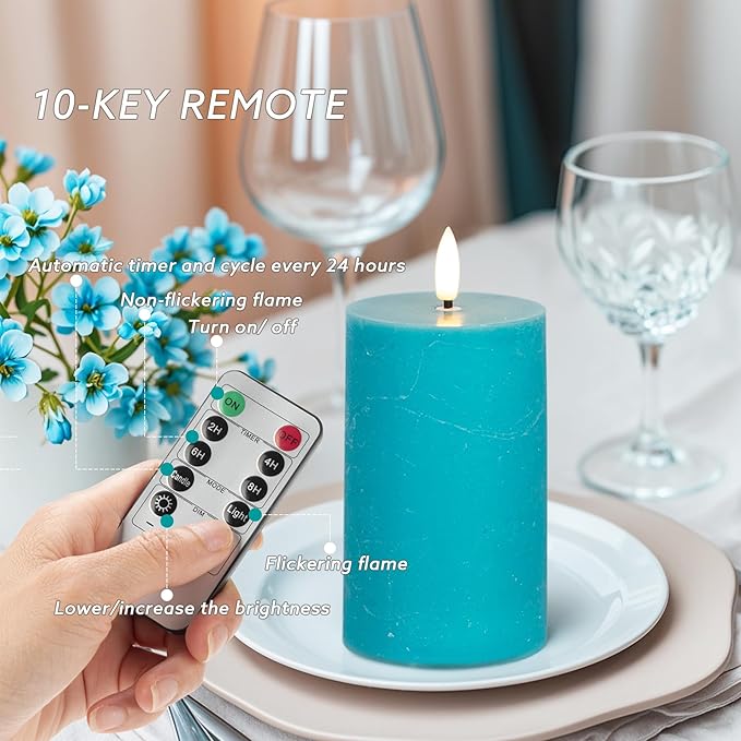 Teal Flameless Candles, Real Wax Battery Operated Candles with Remote, Flat Top Flickering LED Pillar Candles for Home Party Wedding Holiday Decor, Set of 3 (H 4" 5" 6" x D3)