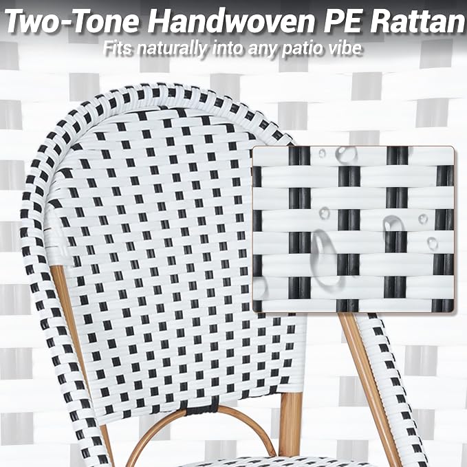 3-Piece Patio Dining Set, Outdoor French Country Bistro Table and Chairs, All-Weather Wicker Square Table & 2 Chairs w/Metal Frame, for Backyard Balcony, Black/White