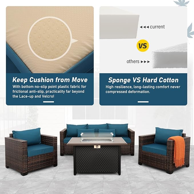 4 Pieces Outdoor Patio Furniture Set 43 In Outdoor Fire Pits Wicker Outdoor Furniture Chairs and Sofa 60000 BTU Outdoor Propane Fire Pit Table Non-Slip Cushions and Waterproof Covers, Peacock Blue