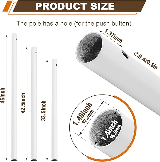 1 Pack 1.5'' Dia Umbrella Replacement Lower Pole, Heavy Steel Patio Umbrella Bottom Pole Replacement, 1.7 mm Thickness, No Bullet Buckle Outdoor