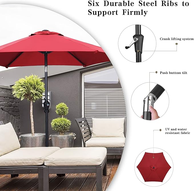 GDY 7.5ft Patio Umbrella Outdoor Umbrella with Tilt, Crank and Umbrella Weighted Base, for Yard/Outdoor/Wedding Parties and Events (Red)