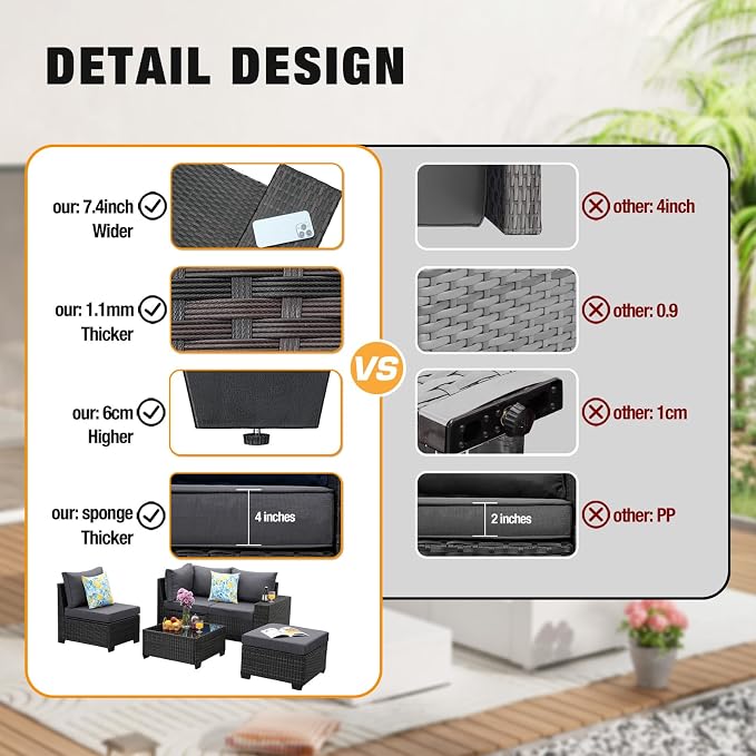 JOYURE 8 Pieces Patio Furniture Set All-Weather Outdoor Wicker Sectional Conversation Sofa Rattan Patio Seating Sofa with Cushion and Glass Table for Porch Poolside,Grey