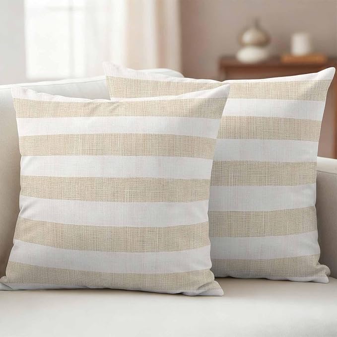 Waterproof Pillow Covers Set of 2,Vintage Yellow Stripe on Linen Outdoor Pillow Protectors with Zipper Pillowcases for Patio Tent Garden Beach 16x16 Inches Farmhouse Line