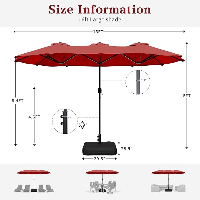 Vongrasig 15FT Large Patio Umbrella with Base Included, Outdoor Double sided Umbrellas with Crank Handle, Rectangle Table Umbrella for Pool Lawn Garden Market