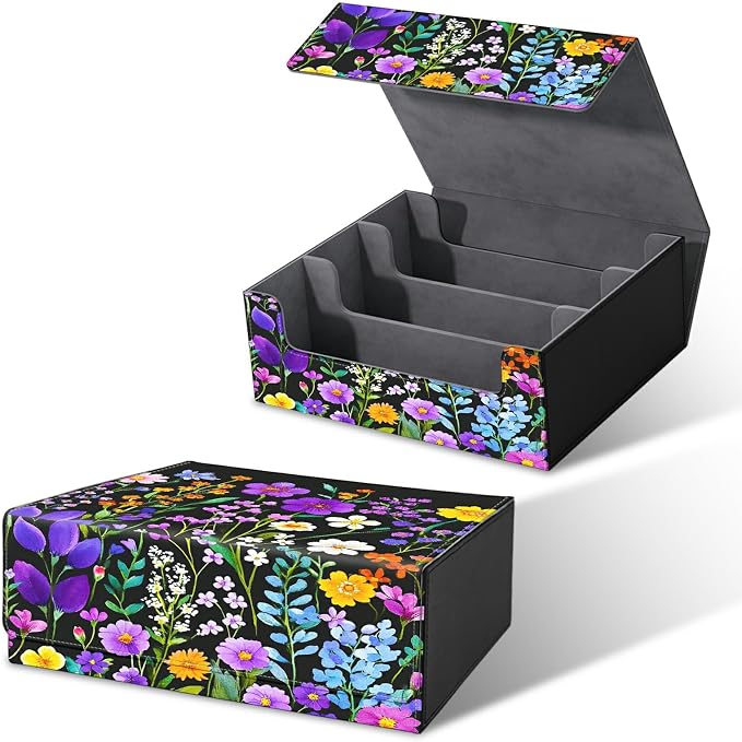 Card Deck Box for MTG, Cards Storage Box Fits 120+ Sleeved, Leather Big Size Strong Magnetic Closing Case for Board Games Magic TCG CCG Baseball Collection Women Man, Purple Wildflower