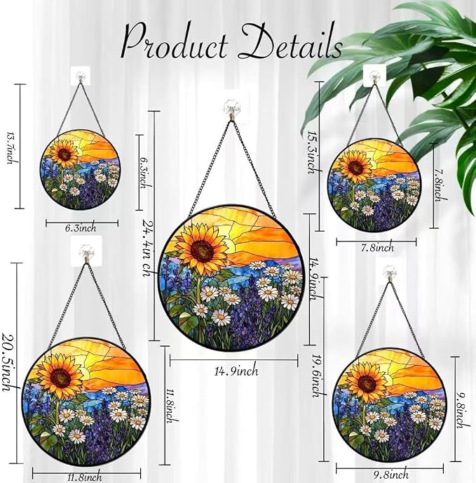 Stained Glass Window Hanging - Sunflowers, Daisies, Lavender and Sunset 6.3 Inches Suncatcher for Garden Home Decor for Women Mom Grandma Friends