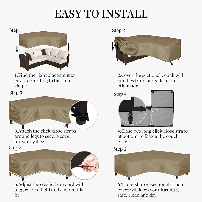 Easy-Going 600D Patio V-Shaped Sectional Sofa Cover, Waterproof Outdoor Sectional Cover,Heavy Duty Garden Furniture Cover with Air Vent 89" L (on Each Side) x 33.5" D x 31" H, Camel