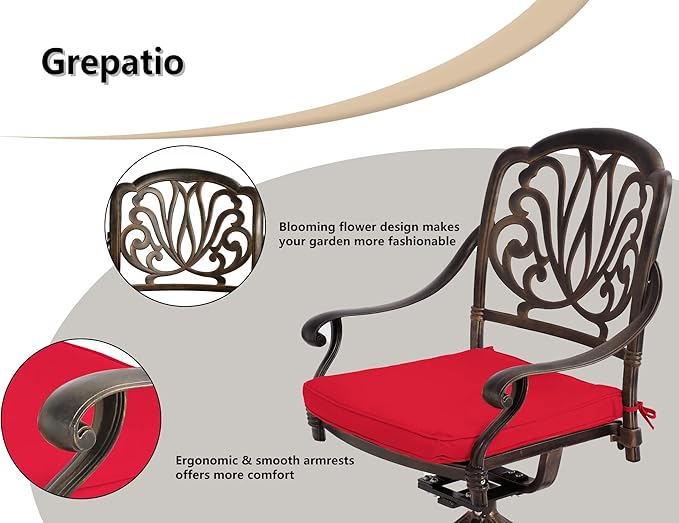 Grepatio 9 Piece Cast Aluminum Patio Furniture Set Outdoor Dining Set Bistro Furniture Set with 6 Chairs 2 Swivel and Dining Table with Umbrella Hole, 8 Cushions for Backyard Garden (Red)
