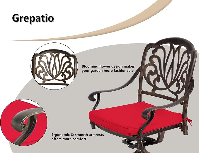 Grepatio 9 Piece Cast Aluminum Outdoor Dining Set, Patio Furniture Set with 2“ Umbrella Hole and 6 Chair & 2 Swivel Chairs with Cushions, Dining Furniture Set for Porch Poolside Garden (Red)