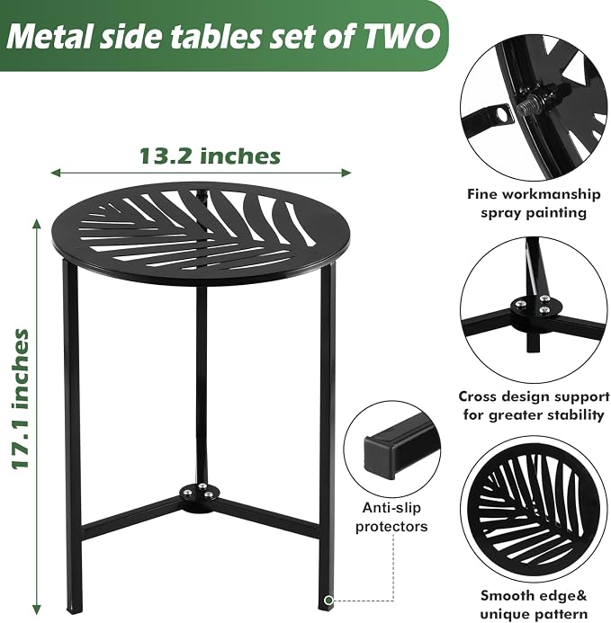 Party Zealot Set of 2 Small Round Metal Side Tables 13 Inches Black Outdoor End Tables for Patio, Balcony, Porch or Garden – Weather-Resistant Corner Coffee Table for Small Spaces & Indoor Plant Stand