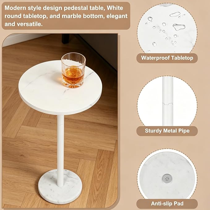 Small Drink Table Round White Side Table with Weighted Marble Base, Indoor Outdoor Pedestal Side Table for Small Spaces, Living Room, Bedroom, Sofa Couch, Office