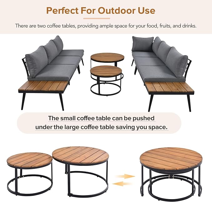 JIVOIT Outdoor Patio Sectional Sofa Set, Modern 6-Piece Conversation Set with Round Nesting Coffee Tables and Seating Sofa with Cushions for Patio, Porch and Garden (Grey * 33)