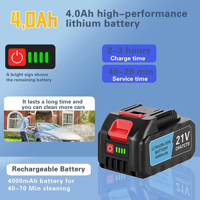 Batteries for Portable Cordless Pressure Washer，21V 4000mAh lithium battery with power display, compatible with other battery-powered tools, cutting saws, and electric drills with the same interface.