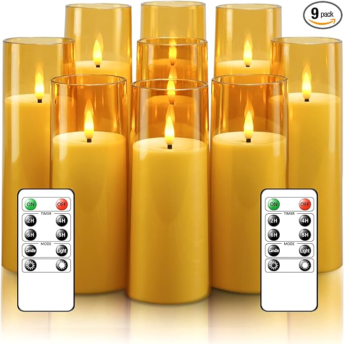 kakoya Flickering Flameless Candles Battery Operated with Remote and 2/4/6/8 H Timer Acrylic Led Pillar Candles Pack of 9 (appr D2.3"xH5.5"6.5"7.5")with Realistic 3D Wick Candles for Home Decor(Gold)