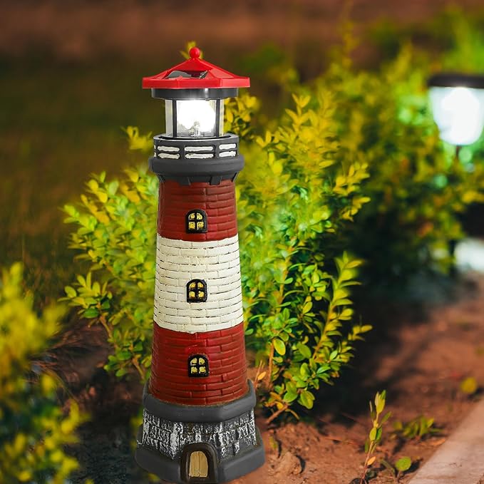 Solar Rotating Lighthouse Outdoor Lantern Garden Decor Resin Street Light - Red