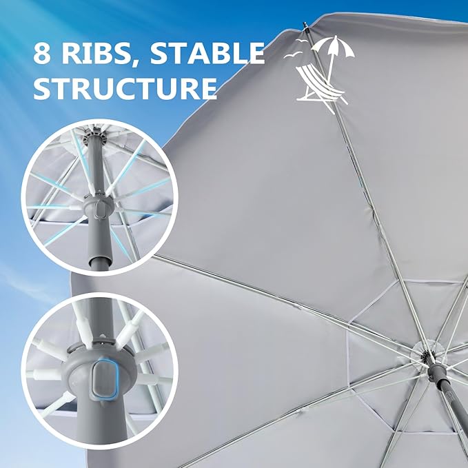 wikiwiki 7ft Beach Umbrella with Sand Anchor & Tilt, UPF 50+ Protection Beach Umbrellas for Sand, with Carry Bag and Hook, for Patio Garden Pool, Light Blue Stripes