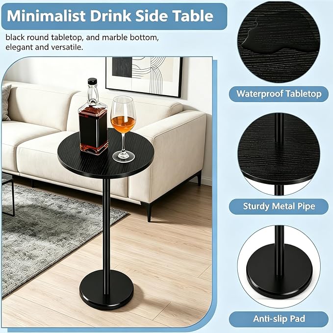 Small Round Side Table Black Drink Table with Marble Base, Modern Weighted Martini Pedestal Table for Small Spaces, Living Room, Bedroom, Sofa Couch, Office