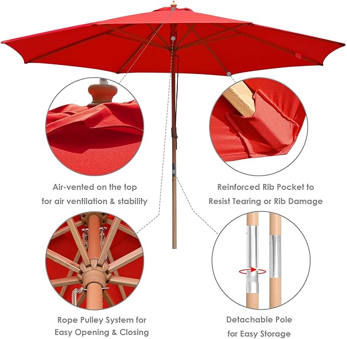 Yescom 13ft Coastal Solid Beech Wood Umbrella Pulley Lift Commercial Base with Wheel Included for Beach Club Seaside Restaurant Terrace Resort Poolside