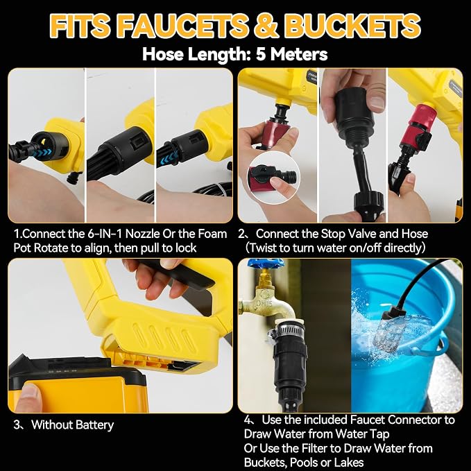 Cordless Washer Fit for DeWalt 20V Battery, 21000RPM 800PSI Portable Handheld Washer with 6-in-1 Nozzle & Foam Pot & Water Hose, for Car Floor Garden Wall Cleaning (No Battery)