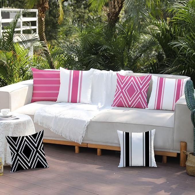 DFXSZ Outdoor Pillow Covers 18x18 Inch Set of 4 Hot Pink Waterproof Modern Geometry Throw Pillows Outdoor Summer Waterproof Decor for Patio Funiture Garden Polyester Cushion Covers 013L18