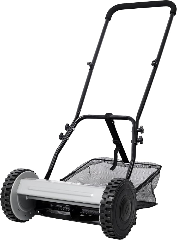 14 Inch 5-Blade Push Reel Lawn Mower with Grass Catcher Manual Eco-Friendly Gray Reel Mower Adjustable Height 0.6-1.8 Inches Lightweight 13.6 lbs Hand Push Mower for Residential Lawn Care