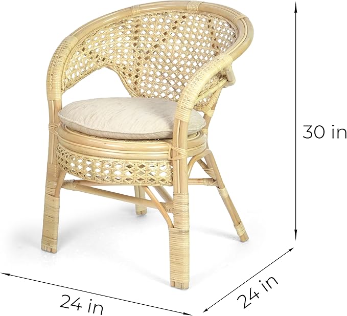 3 Pcs Pelangi Rattan Wicker Dining Set Round Table Glass Top and 2 Arm Chairs with Cream Cushion, Natural Color