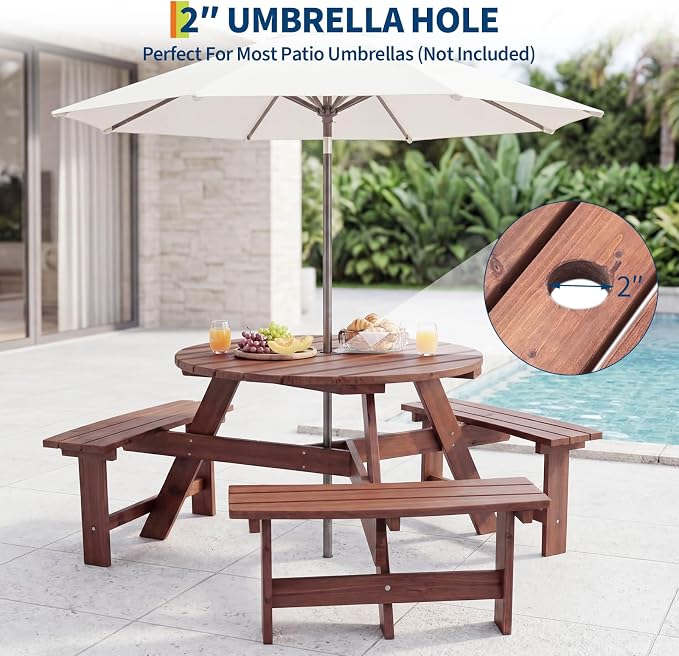Garvee 6 Person Wooden Picnic Table, Outdoor Picnic Tables with 3 Built-in Benches, Circular Camping Dining Table and Chairs Set with Umbrella Hole for Garden, Patio, Backyard, Walnut Brown