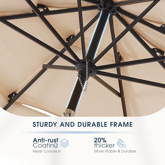BLUU MAPLE Olefin 9 FT 3 Tier Patio Market Umbrella, 3-year Color Fastness Olefin Canopy, Outdoor Table Umbrellas with 8 Strudy Ribs & Push Button Tilt for Lawn, Deck, Backyard & Pool (Beige)