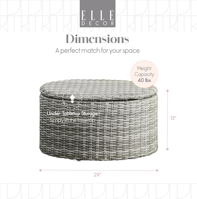 Pemberly Row Contemporary Outdoor Coffee Table, 30-Inch Round Wicker Top, Gray Finish, Weather-Resistant, Hidden Storage, Rust-Resistant Metal Frame, Adjustable Feet, Modern Patio Furniture