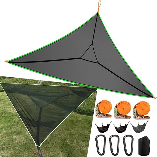 Triangle Hammock 13Ft Multi Person 3 Point Tree Hammock,Max 600LBs Extra Large Sky Camping Hammock for up to 2-4 Adults/Kids with 3 Ratchets/Straps/Net Pockets/Carabiners and Storage Bags-Black ﻿