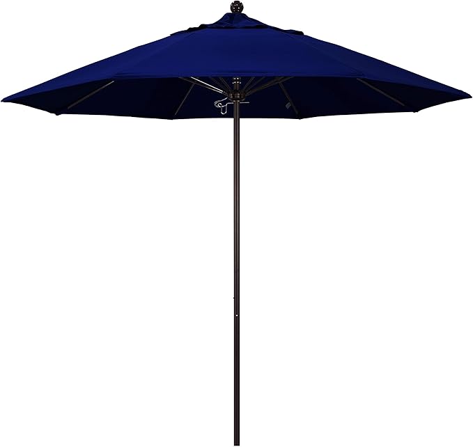 California Umbrella 9' Rd. Venture Series Contract Grade Patio Umbrella, Push Open Pin Stop, Bronze Finish, Sunbrella True Blue
