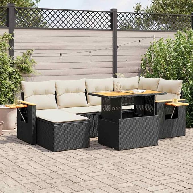 vidaXL 7 Piece Garden Sofa Set Black Poly Rattan with Storage Cushions Acacia Wood Perfect for Outdoor Spaces and Relaxation Patio Lounge Wicker Modular Furniture Conversation