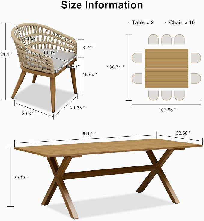 PURPLE LEAF 12 Pieces Outdoor Dining Set All-Weather PE Rattan Outdoor Patio Furniture Set with All Aluminum Frame Rectangular Table and Chairs Set for Lawn Garden Backyard Deck, Teak