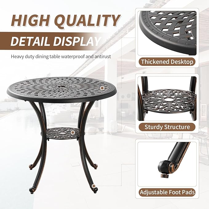 31.5" Round Patio Table Cast Aluminum Patio Dining Table with 2.2" Umbrella Hole,All Weather Outdoor Round Tabel,Metal Patio Table for Fornt Porch, Backyard, Garden,Bronze