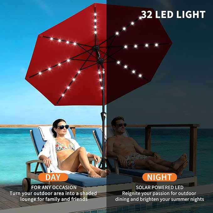 Garvee 9/10 FT Solar Patio Umbrella with 32 LED Lights - Outdoor Table Umbrella with Crank Lift, Push Button Tilt and 8 Sturdy Ribs - Market Umbrella UV Protection for Pool, Deck, Yard, Garden