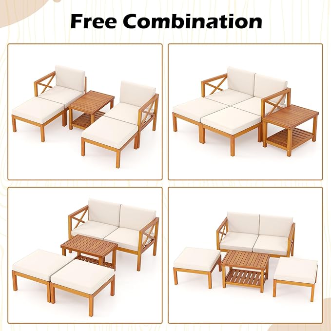 Tangkula 5 Pieces Acacia Wood Patio Chaise Lounge Chair Set with Ottomans and Cushions, Outdoor Patio Chairs Set with 2-Tier Coffee Table, Outdoor Conversation Set for Garden, Backyard and Poolside