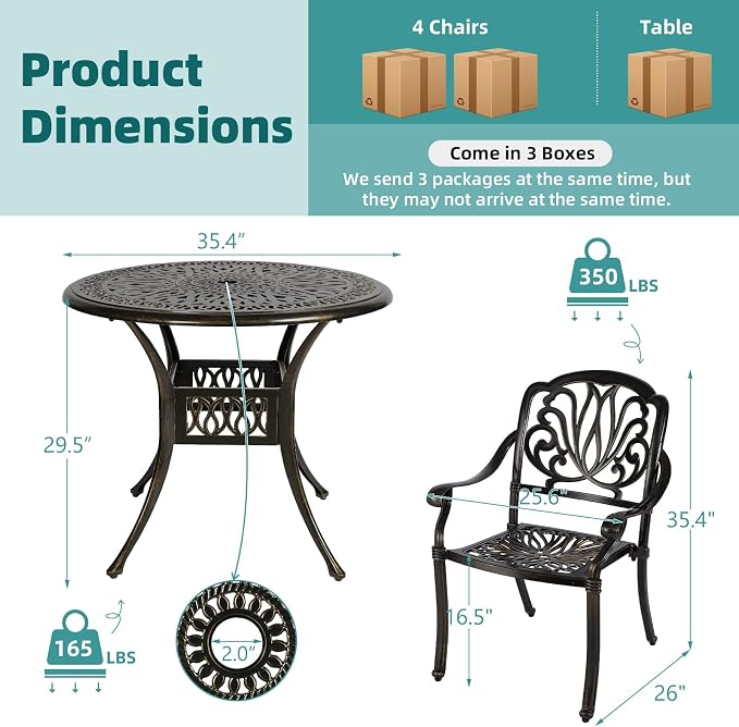 MEETWARM 5 Piece Outdoor Patio Dining Set All-Weather Cast Aluminum Dining Table Chair Set Patio Furniture Set for Backyard Garden Deck, Include 4 Chairs and 1 Round Table