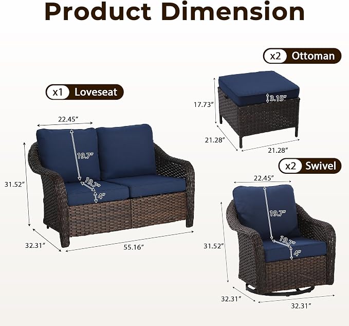 5 Piece Patio Wicker Conversation Set, All-Weather Use Outdoor Wicker Loveseat with 2 PE Rattan Ottomans,2 Swivel Chair, Ideal for Porch, Backyard, Balcony, Poolside, Blue