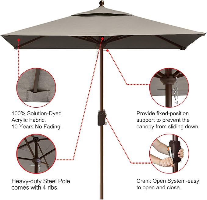 EliteShade USA 10-Year-Non-Fading 6x6Ft Square Market Patio Umbrella, UPF 50+ UV Protection Performance Sun Umbrella, Heavy Duty Commercial Grade Outdoor Table Umbrella with Crank, Windproof Vented Top for Garden, Pool, Deck and Outdoor Playsets, Taupe
