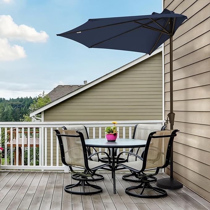 JEAREY 9ft Half Umbrella Outdoor Patio Umbrella Market Umbrella with Crank, 1/2 Round Wall Umbrella 5 Sturdy Ribs UV Protection for Pool Garden Balcony Deck, Dark Blue