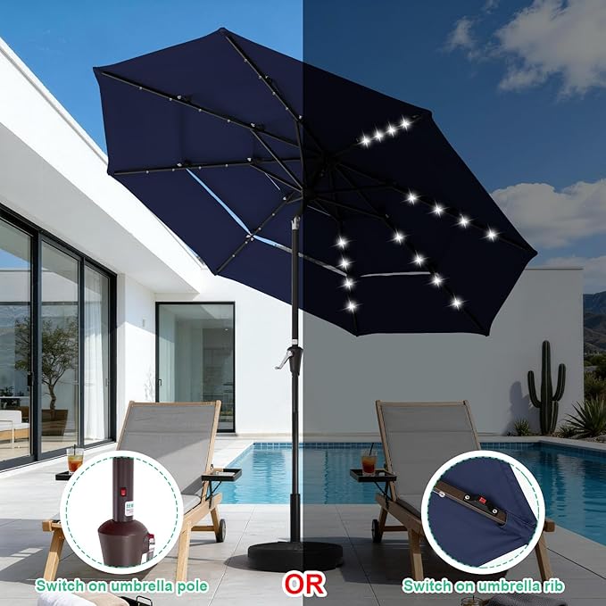 JEAREY 3 Tiers Patio Umbrella with Solar Lights 9ft Outdoor Market Table Umbrellas with Push Button Tilt for Outside Pool Garden, Navy Blue