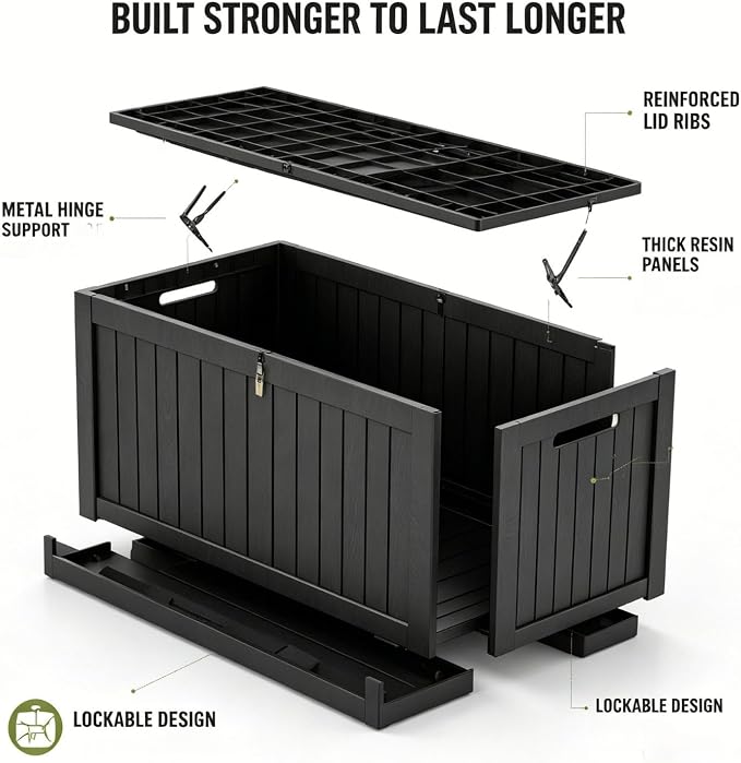 270 Gallon Outdoor Storage Box, Waterproof Resin Deck Container with Lockable Lid, Patio Organizer for Cushions & Garden Tools, Matte Black